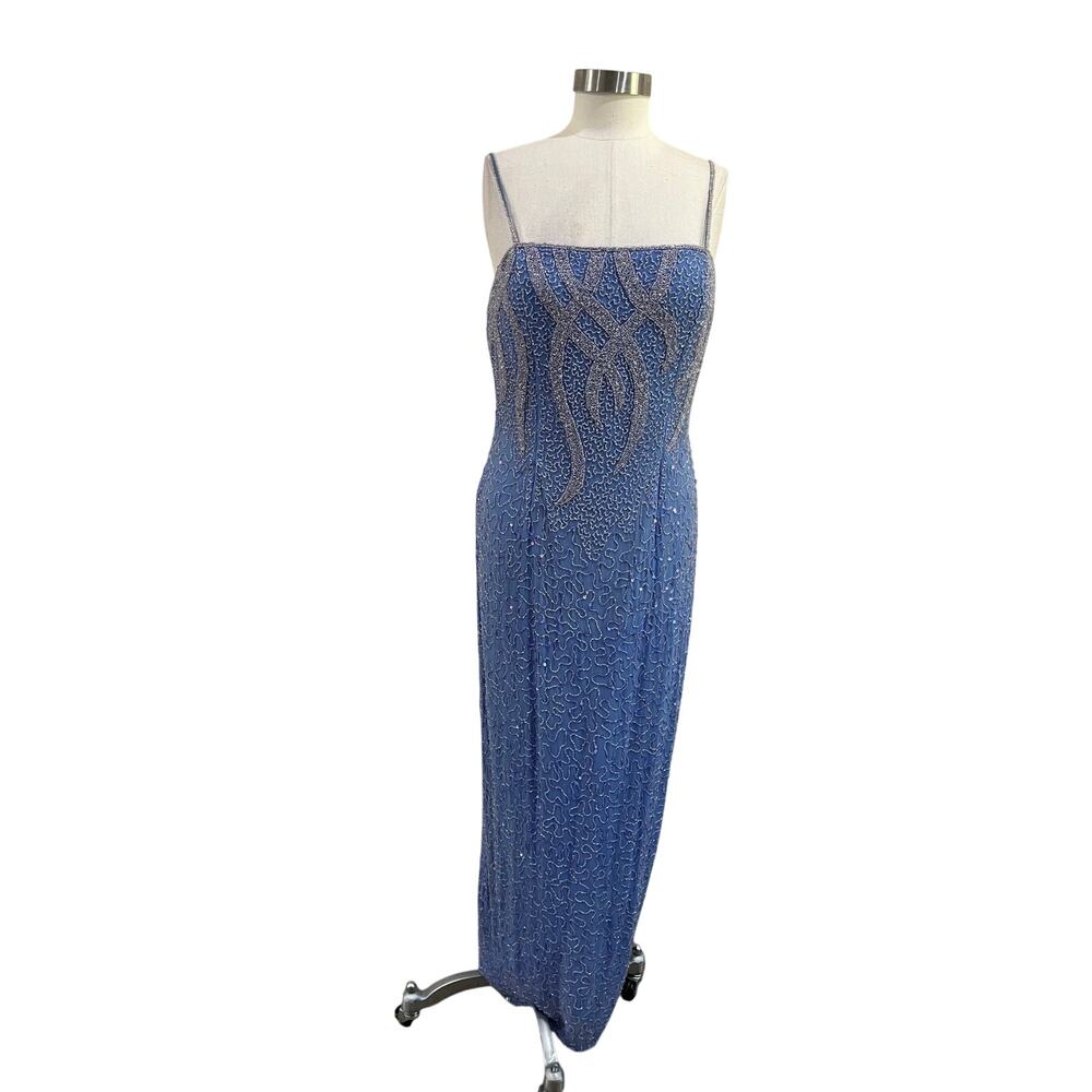 Vintage Laurence‎ Kazar Beaded Silk Gown Formal Old Hollywood Glam Blue Sz 10